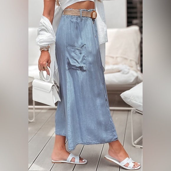 Elastic Waist Flowy Tencel Denim Maxi Skirt A Line Button Ruffle Cargo Long Jean - Picture 7 of 9